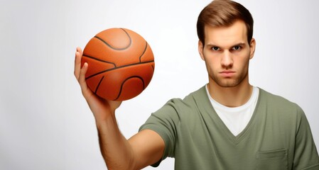 Obraz premium Portrait of a young man holding basketball ball over white background.