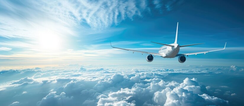 A white plane flying with a left roll in the blue sky above clouds.