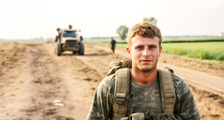 Portrait of a young soldier standing on the dirt road in the field