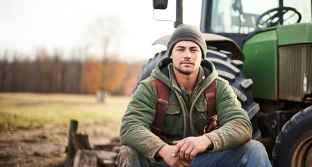 Portrait of a young farmer sitting in front of his tractor.