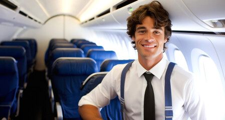 Portrait of a handsome young businessman in airplane cabin. Successful businessman