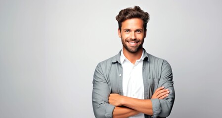 portrait of a smiling young man with arms crossed on grey background - obrazy, fototapety, plakaty