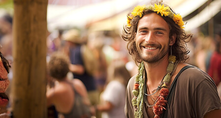 Handsome young man with a wreath of flowers on his head and smiling