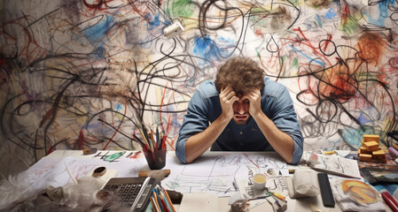 Portrait of a young frustrated artist sitting at his desk in his studio