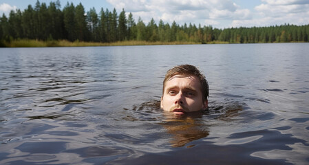 Portrait of a young man in the water in summer day.