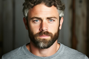 Fototapeta premium Portrait of handsome man with beard and mustache looking at camera.