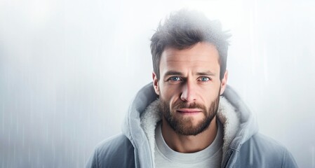 Portrait of a handsome young man with a beard in a gray hoodie. - obrazy, fototapety, plakaty