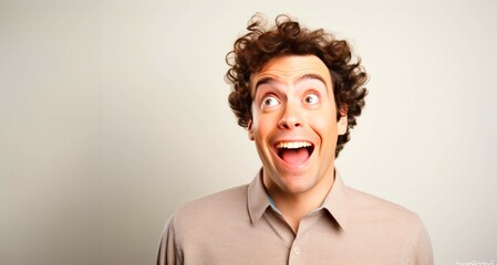 Fototapeta premium Young man with curly hair surprised and shocked while looking right on grey background
