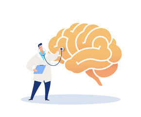 Human brain study flat vector illustration. Neurologist diagnose human brain with stethoscope.