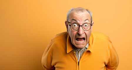 Portrait of a senior man with glasses and surprised expression on a yellow background