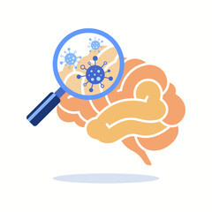 Human brain study flat vector illustration. Examination of human brain disease with magnifying glass.