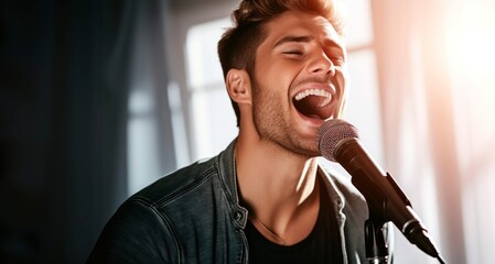 Close up portrait of handsome young man singing into microphone and looking at camera - obrazy, fototapety, plakaty