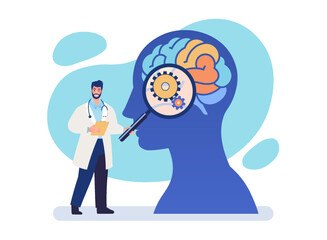 Human brain study flat vector illustration. Neurologist looking at human brain functions through magnifying glass.