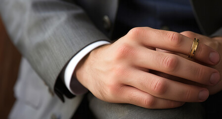Obraz na płótnie Canvas Close up of a businessman's hand holding a gold wedding ring.