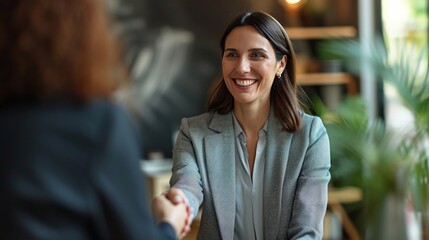Happy mid aged business woman manager handshaking greeting client in office. Smiling female executive making successful deal with partner shaking hand at work standing at meeting table.