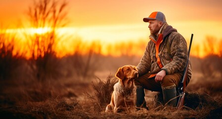 Hunter with a hunting dog on the hunt at sunset. Hunting season.