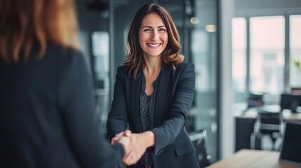 Happy mid aged business woman manager handshaking greeting client in office. Smiling female executive making successful deal with partner shaking hand at work standing at meeting table.