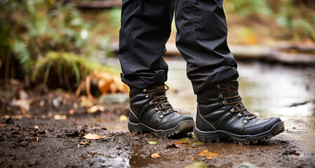 Close up of a man's feet in black boots standing in a puddle - obrazy, fototapety, plakaty
