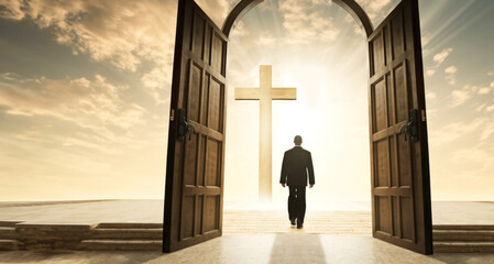 Conceptual 3D business man standing in front of a cross at sunset - obrazy, fototapety, plakaty
