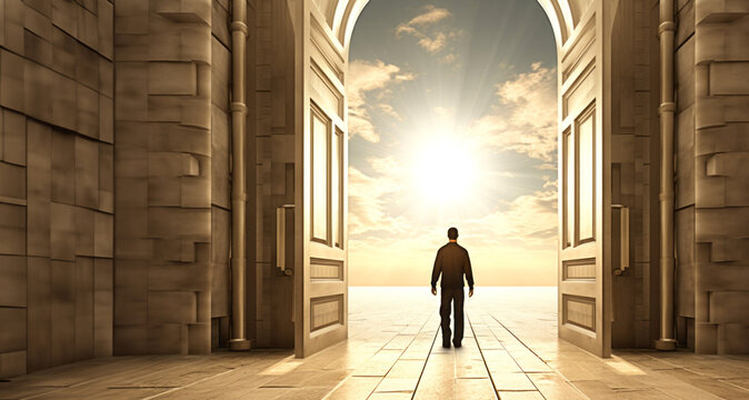 Conceptual business man standing in front of an open door to a bright sky
