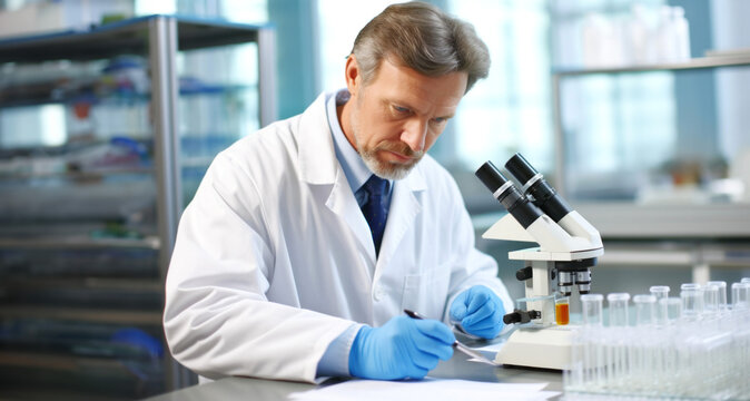 Serious mature scientist working with microscope in laboratory. Portrait of mature male researcher carrying out scientific research in clinical laboratory. Medicine and healthcare concept