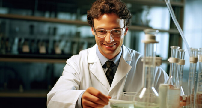 Male scientist working in laboratory. He is carrying out scientific research.