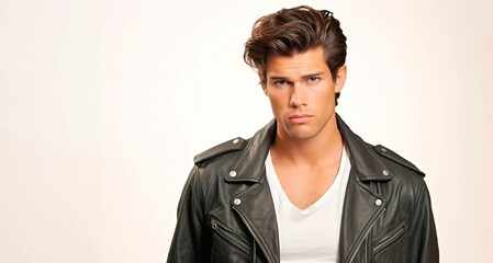 Fototapeta premium Portrait of a handsome young man in black leather jacket on white background