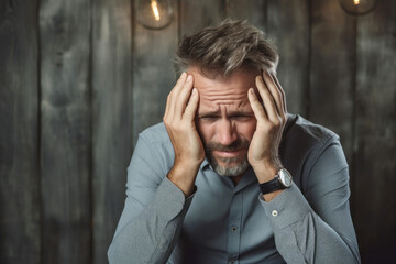 Depressed man with hands on head sitting in front of wooden wall