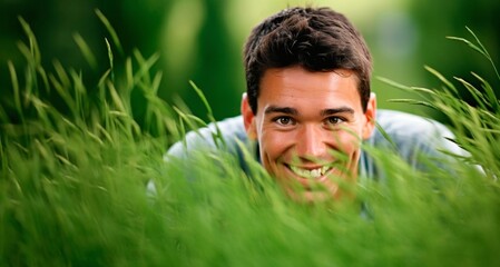 Handsome young man lying on green grass and smiling at camera - Powered by Adobe