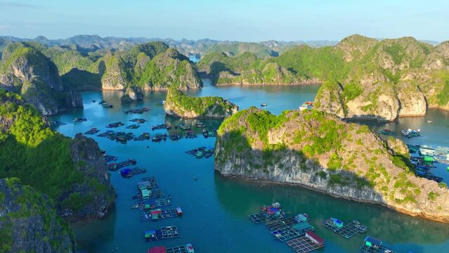 aerial view of Halong bay and Cat Ba island in Vietnam at sunset, unesco work heritage site in Vietnam, tourism in north Vietnam, nature of Southeast Asia