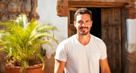 Handsome man standing in front of a door in the village