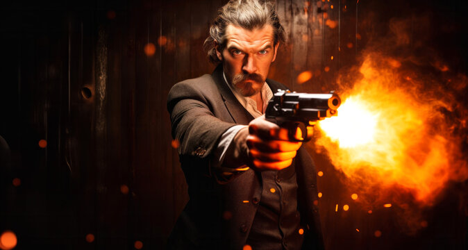 Man in a suit with a gun in his hands on a dark background