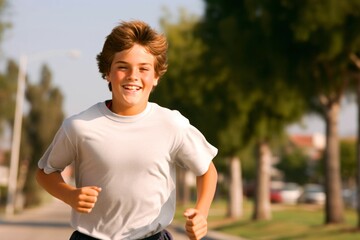 Fototapeta premium Young man jogging in the park on a sunny summer day.