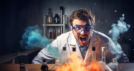Scientist man in lab coat and goggles working with smoke in laboratory - Powered by Adobe