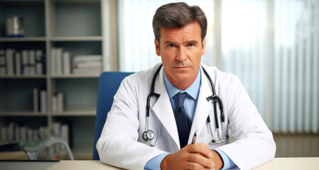 Portrait of mature male doctor sitting at the desk in his office