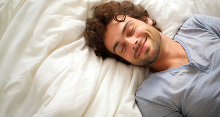 Young man sleeping in bed. Top view of handsome young man sleeping in bed