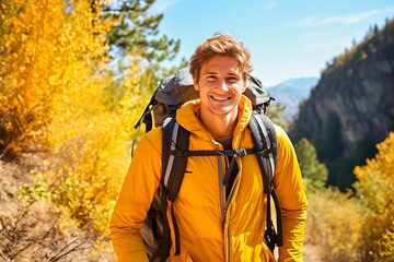 Hiker in autumn mountains. Active lifestyle, tourism and people concept.
