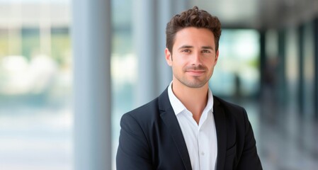 Handsome businessman in suit smiling at camera while standing in office