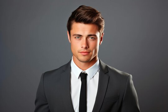 Portrait of a handsome young man in black suit on grey background