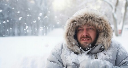 Winter portrait of a man with a beard on a background of the winter forest