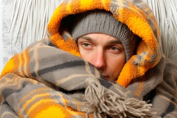Young man wrapped in a warm plaid. Close-up.