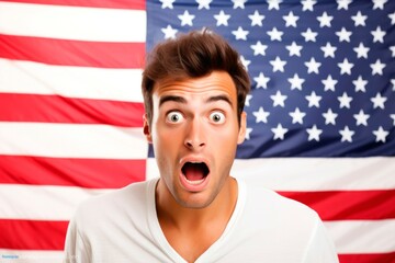 Portrait of a young surprised man on the background of the American flag