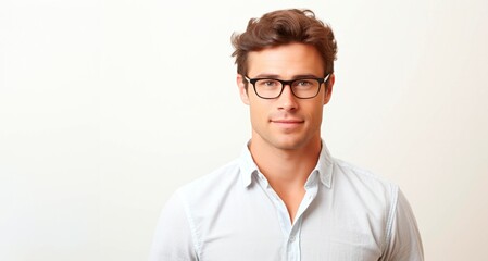 Portrait of a handsome young man with eyeglasses on white background