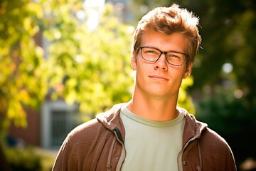 Portrait of a handsome young man with glasses in the park.