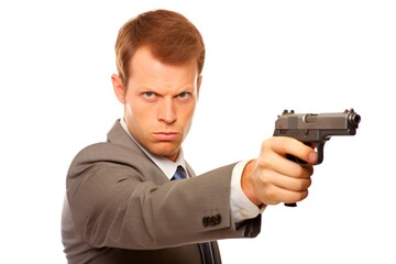 Serious young businessman aiming a gun at the camera isolated on white background
