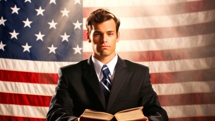 Portrait of a young businessman reading a book on an american flag background