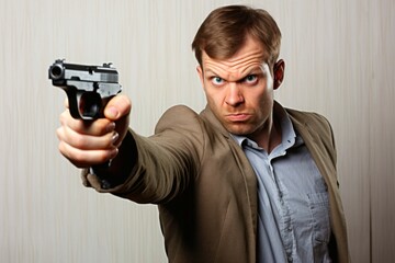 Young man with a gun in his hand on a gray background.