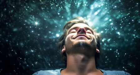 Young man looking up at night sky with lights coming out of his eyes