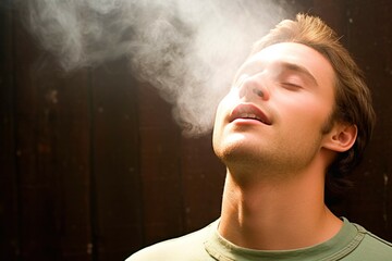 Portrait of a young man smoking electronic cigarette on a wooden background