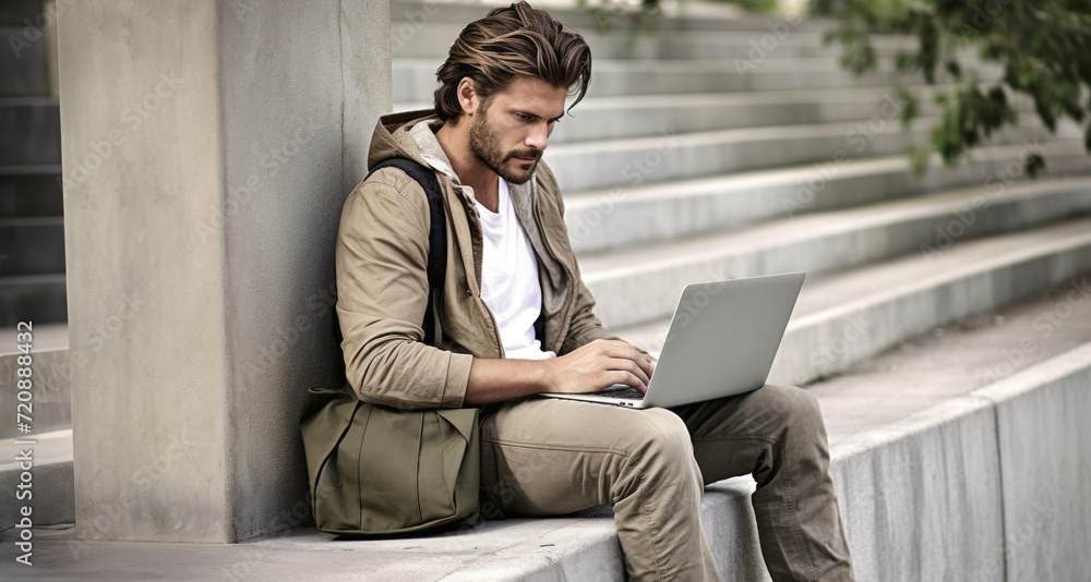 Wall mural portrait of handsome young man using laptop while sitting on stairs outdoors